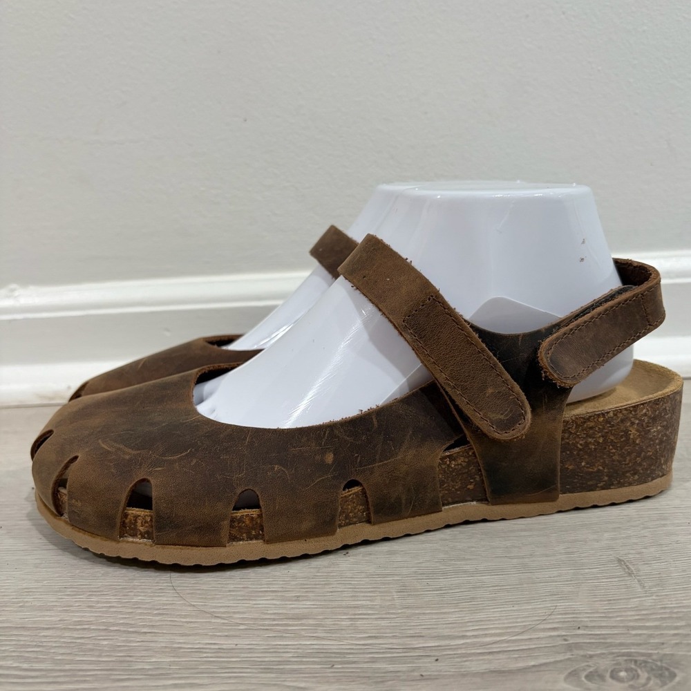 Bionatura Brown Distressed Leather Cork Mary Jane Shoes Sandals Size 38 US 7.5